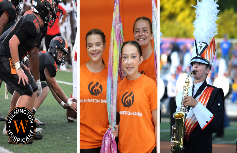 photo collage of, football players, color guard, and band member